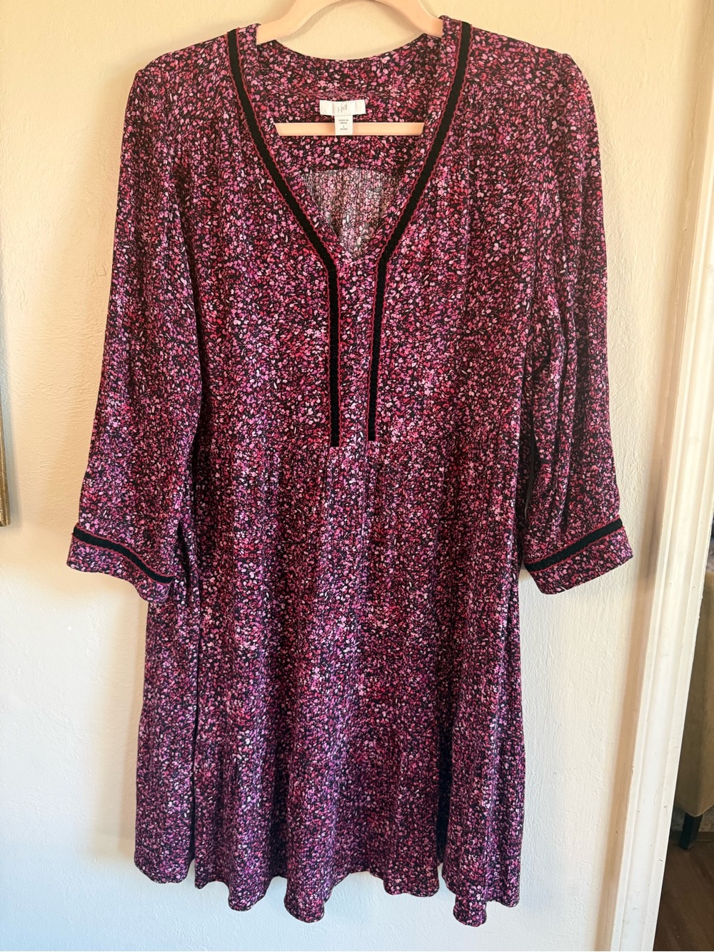 J. Jill Large Petite Pink Ditsy Floral Tunic Shift Dress Velvet Trim 3/4 Sleeve